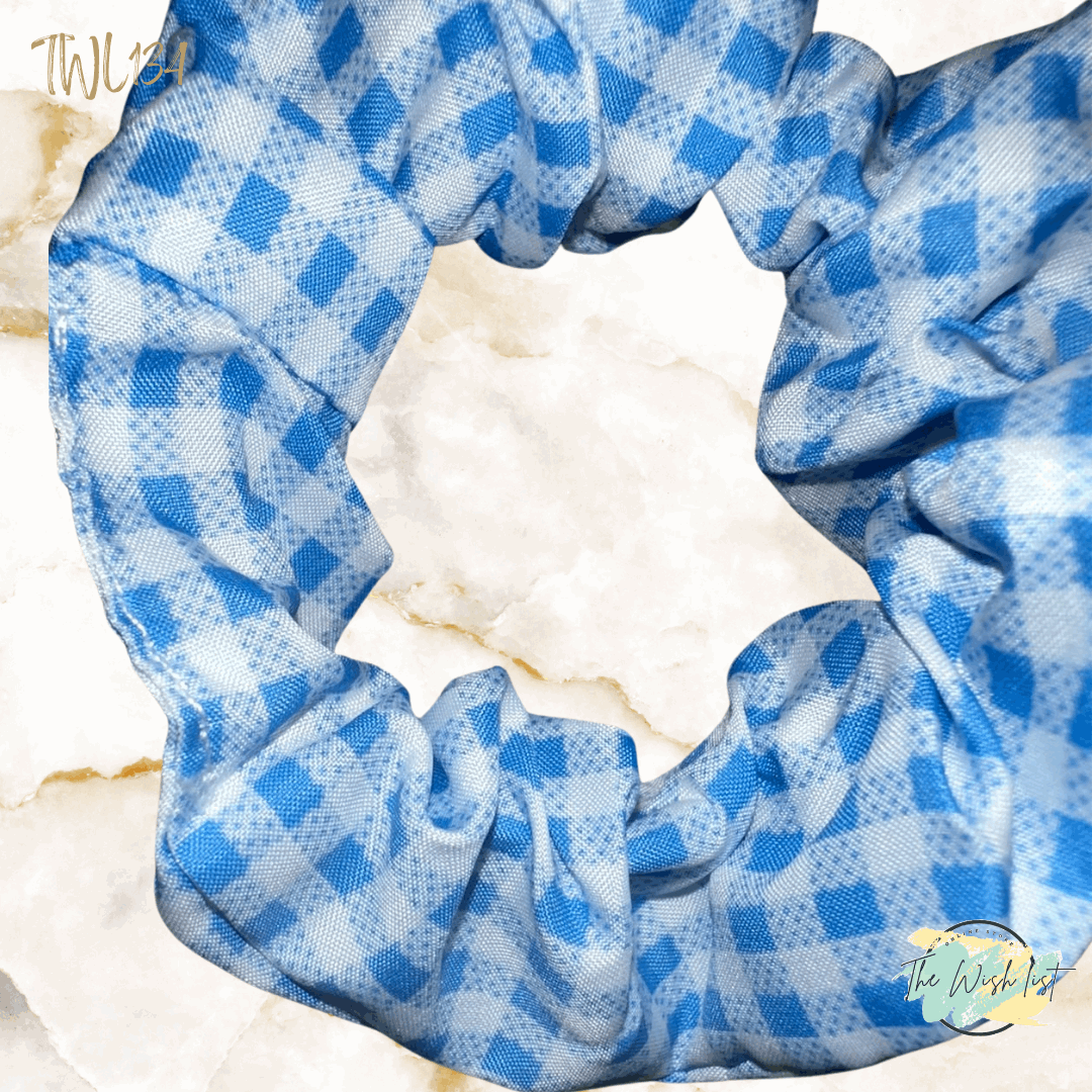 Blue and White Plaid & Floral Pattern Scrunchies