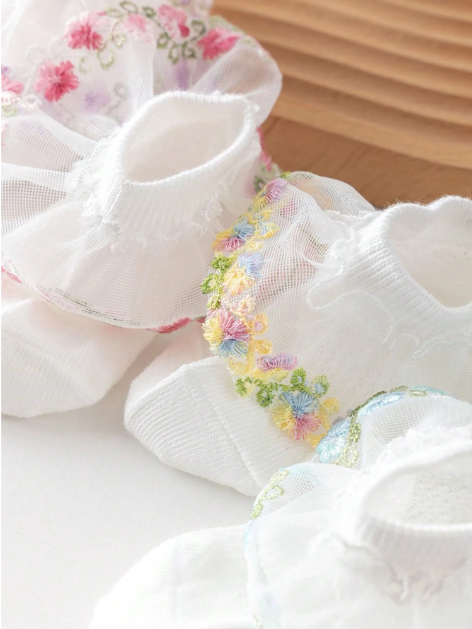 4 Pairs Baby/Girls Breathable Mesh Embroidered Vine Floral Lace Trim Socks, Cute French Country Princess Style