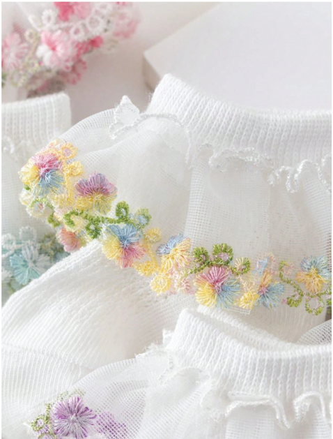 4 Pairs Baby/Girls Breathable Mesh Embroidered Vine Floral Lace Trim Socks, Cute French Country Princess Style
