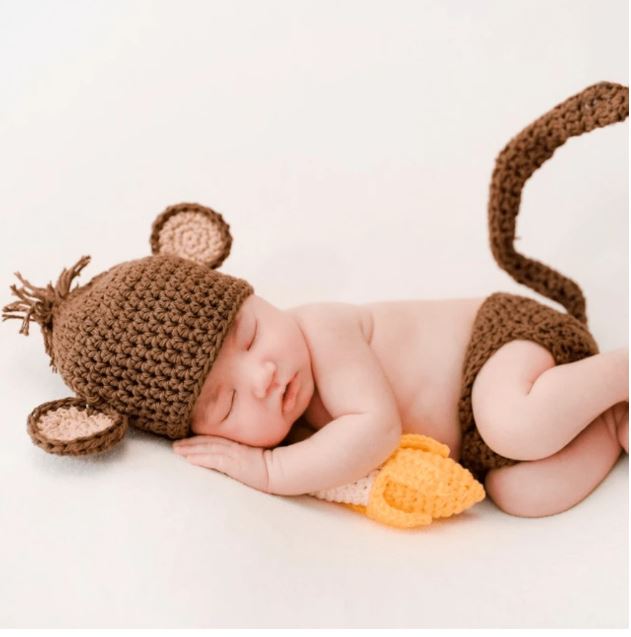 Newborn Photography Outfit Monkey Hat Diaper Cover And Banana Set- 3Pcs