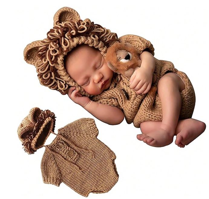 1 Set Newborn Photography Costume, Crochet Knitted Lion Animal Style Romper With Hat Baby Outfit