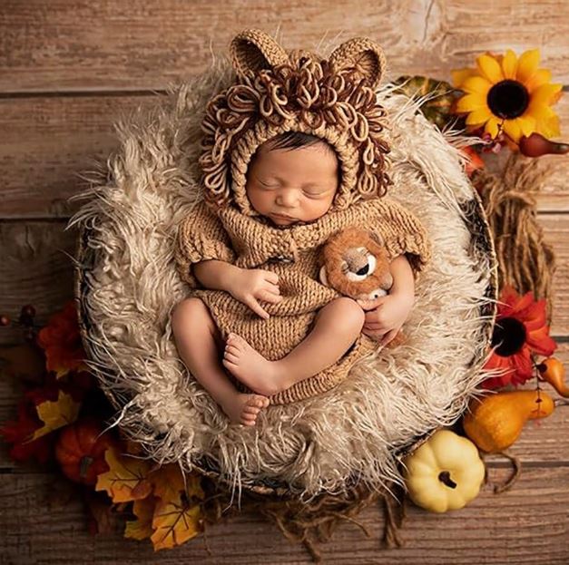 1 Set Newborn Photography Costume, Crochet Knitted Lion Animal Style Romper With Hat Baby Outfit