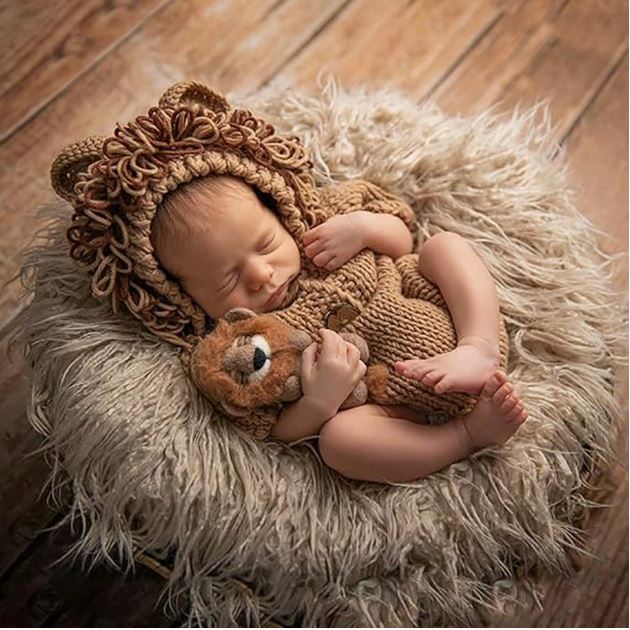 1 Set Newborn Photography Costume, Crochet Knitted Lion Animal Style Romper With Hat Baby Outfit