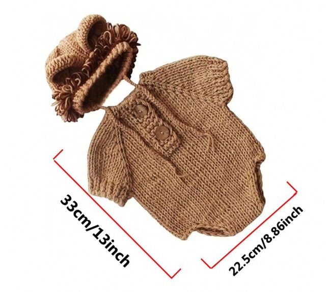 1 Set Newborn Photography Costume, Crochet Knitted Lion Animal Style Romper With Hat Baby Outfit