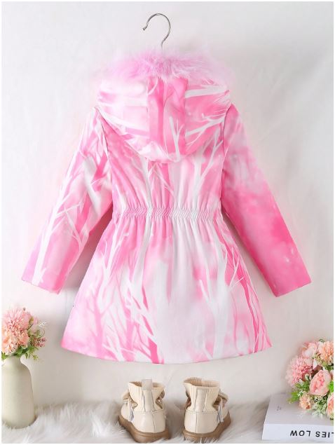 Hooded Fleece Shoulder Waist Cinch Long Sleeve Jacket -Pink