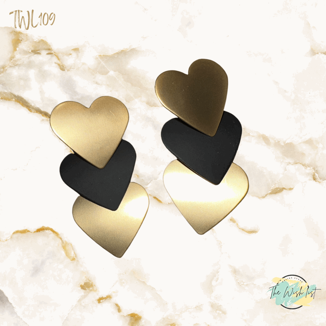 Black & Gold Heart Drop Earrings