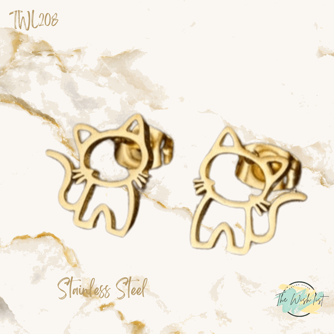 Cat Stainless Steel Stud earrings , Small Stud earrings- Gold & Silver