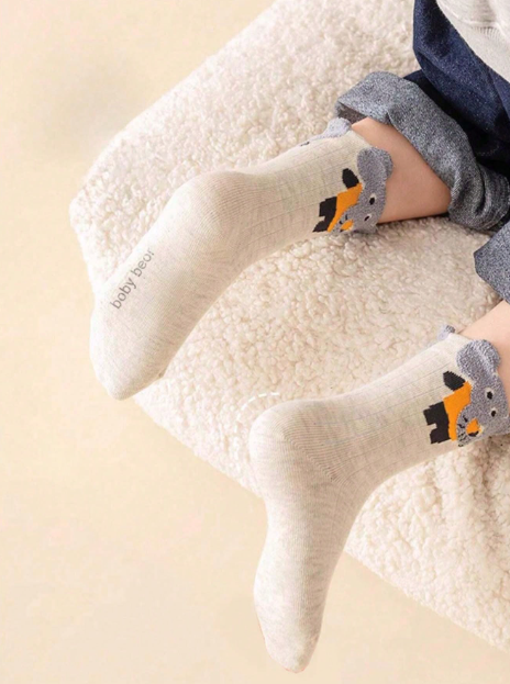 5 Pairs Cartoon Animal Ear Striped Socks, Cute Mid-Calf Socks For Boys And Girls