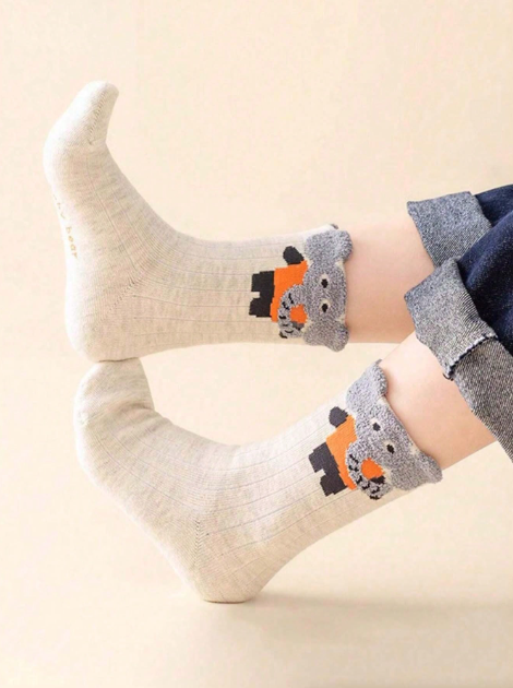5 Pairs Cartoon Animal Ear Striped Socks, Cute Mid-Calf Socks For Boys And Girls