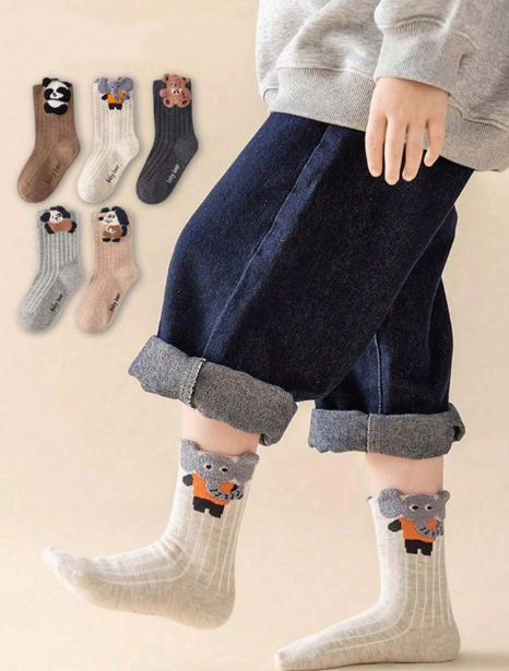 5 Pairs Cartoon Animal Ear Striped Socks, Cute Mid-Calf Socks For Boys And Girls
