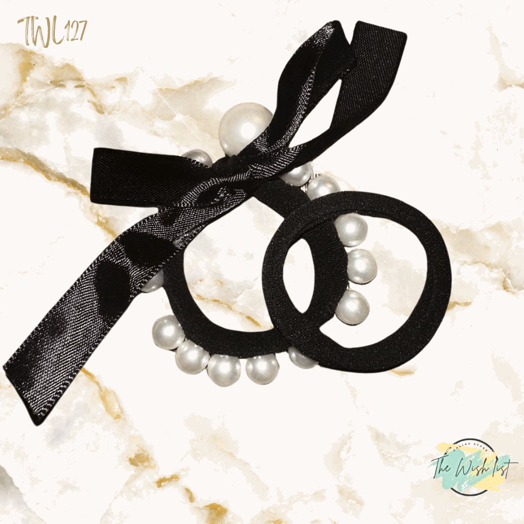 2Pcs / 3Pcs Simplicity Pearl Beaded Hair Ties, Black, With 2.24'' Premium Pu Ladder, Elastic & Durable, Adult Hair Accessories