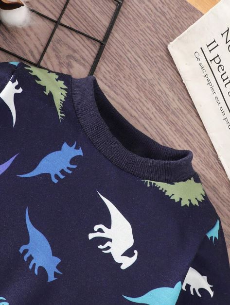 Kids Baby Boy Dinosaur Print Long Sleeve Top And Elastic-Waist Jeans-Style Pants