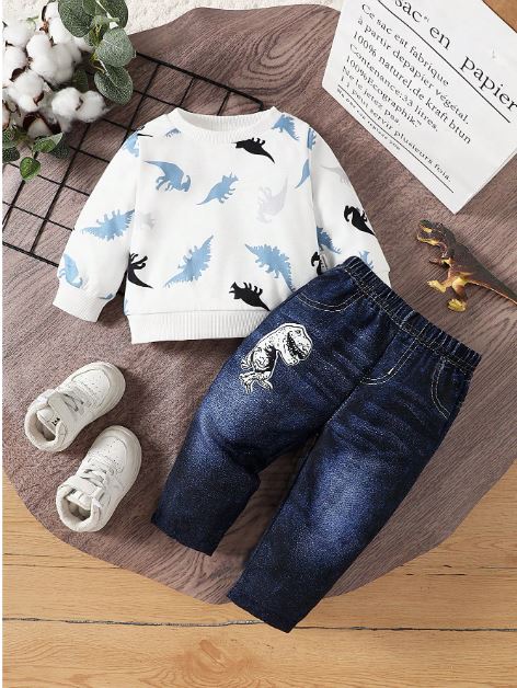 Kids Baby Boy Dinosaur Print Long Sleeve Top And Elastic-Waist Jeans-Style Pants