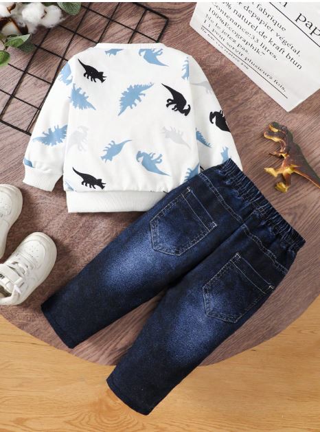 Kids Baby Boy Dinosaur Print Long Sleeve Top And Elastic-Waist Jeans-Style Pants