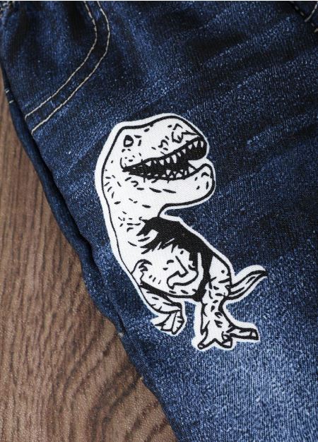 Kids Baby Boy Dinosaur Print Long Sleeve Top And Elastic-Waist Jeans-Style Pants