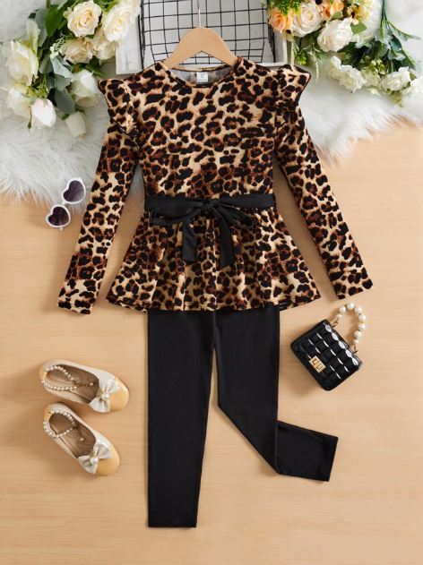 Tween Girl Leopard Print Ruffle Trim Belted Tee & Leggings- 2Pcs set