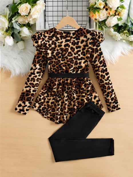 Tween Girl Leopard Print Ruffle Trim Belted Tee & Leggings- 2Pcs set