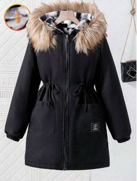 Camouflage Thermal Lined Zip Cinched Waist Hooded Jacket- Tween Girls