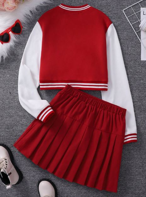Baseball Jacket And Pleated Skirt Suit, Fashionable School Style- tween Girl
