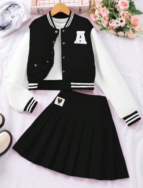 Baseball Jacket And Pleated Skirt Suit, Fashionable School Style- tween Girl