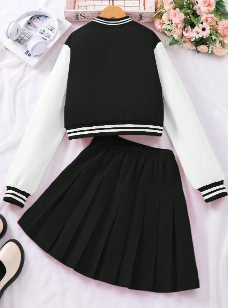 Baseball Jacket And Pleated Skirt Suit, Fashionable School Style- tween Girl
