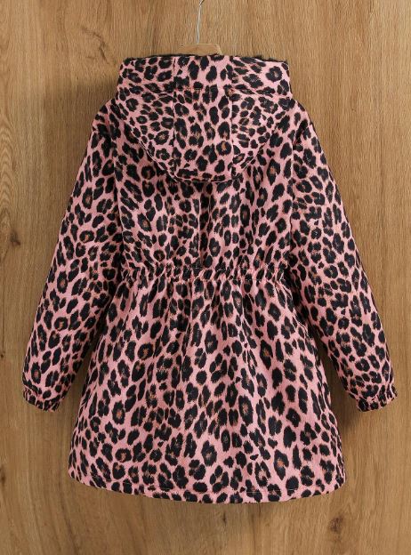 Leopard Print Hooded Thermal Lined Multi-Pocket Windbreaker Jacket- Tween Girl