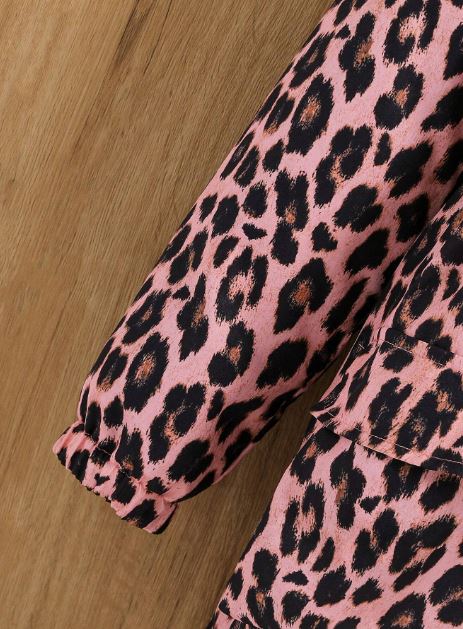 Leopard Print Hooded Thermal Lined Multi-Pocket Windbreaker Jacket- Tween Girl