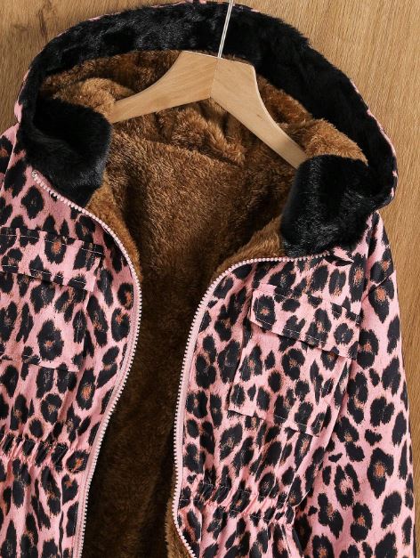 Leopard Print Hooded Thermal Lined Multi-Pocket Windbreaker Jacket- Tween Girl
