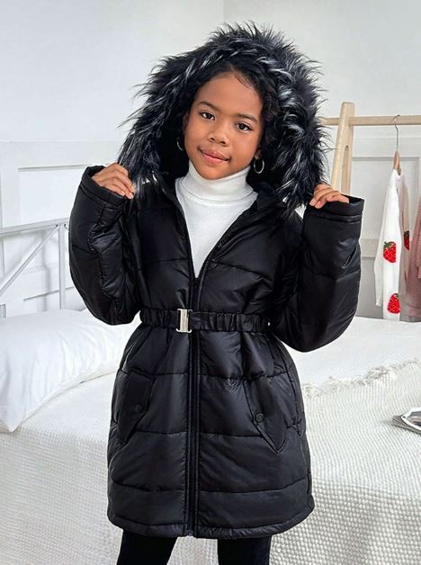 Casual Faux Fur Collar Hooded Mid-Length Jacket For Girls