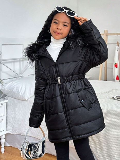 Casual Faux Fur Collar Hooded Mid-Length Jacket For Girls