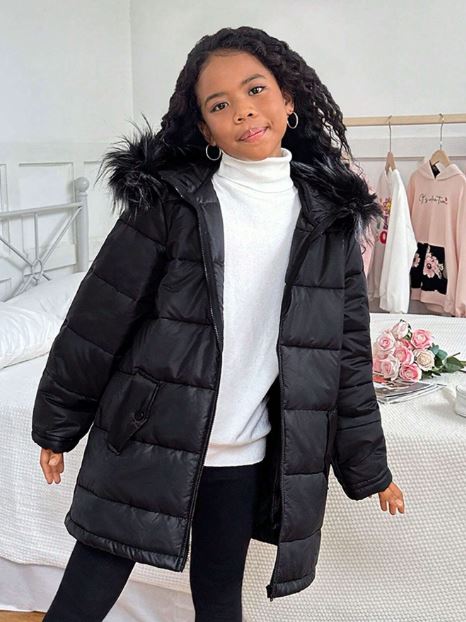 Casual Faux Fur Collar Hooded Mid-Length Jacket For Girls