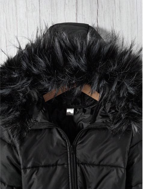 Casual Faux Fur Collar Hooded Mid-Length Jacket For Girls