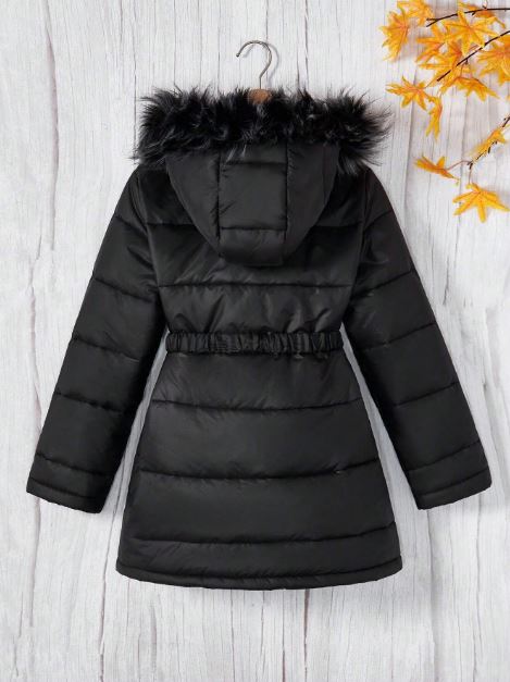 Casual Faux Fur Collar Hooded Mid-Length Jacket For Girls