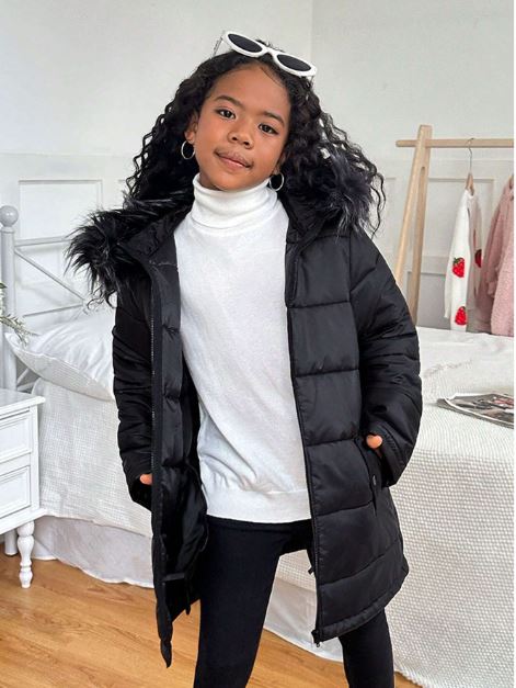Casual Faux Fur Collar Hooded Mid-Length Jacket For Girls