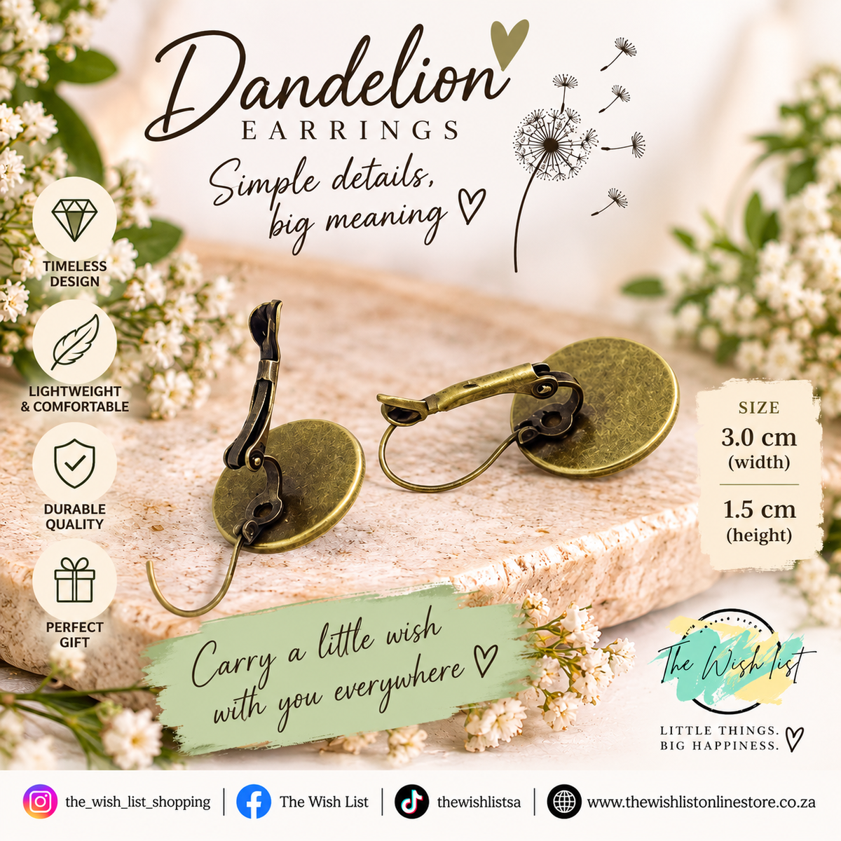 Dandelion pattern round earrings, Copper jewelry