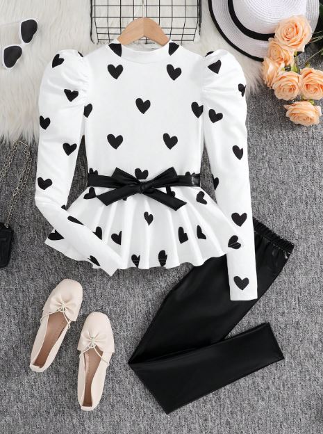 Elegant Heart Pattern Fashionable Knitted Round Neck Long Top & Belt With Ruffle Hem And PU Legging 2pcs Set