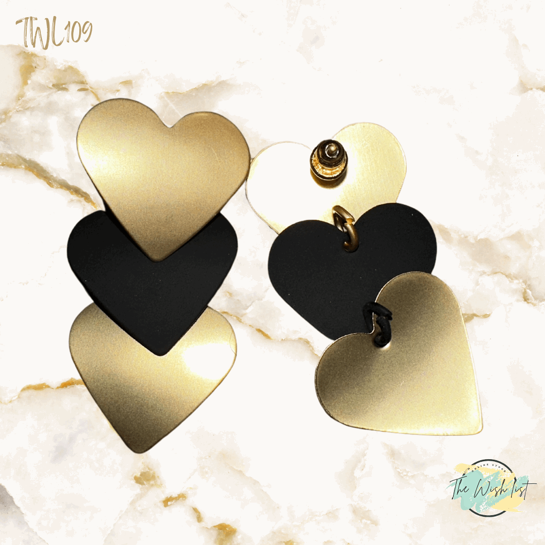 Black & Gold Heart Drop Earrings
