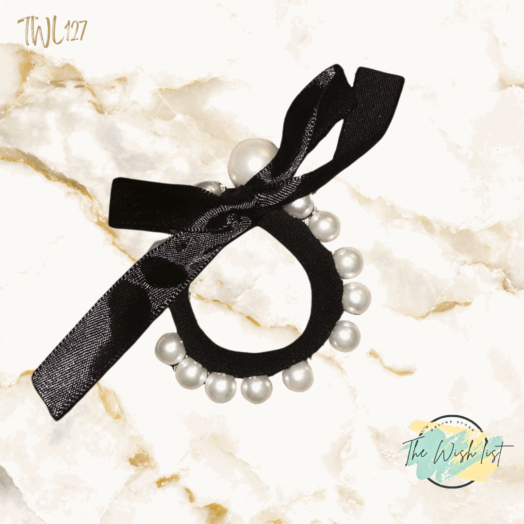2Pcs / 3Pcs Simplicity Pearl Beaded Hair Ties, Black, With 2.24'' Premium Pu Ladder, Elastic & Durable, Adult Hair Accessories