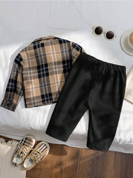 2pcs/Set Toddler Plaid Lapel Long Sleeve Shirt And Casual Pants Outfit , Baby Boy Clothes