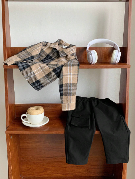 2pcs/Set Toddler Plaid Lapel Long Sleeve Shirt And Casual Pants Outfit , Baby Boy Clothes