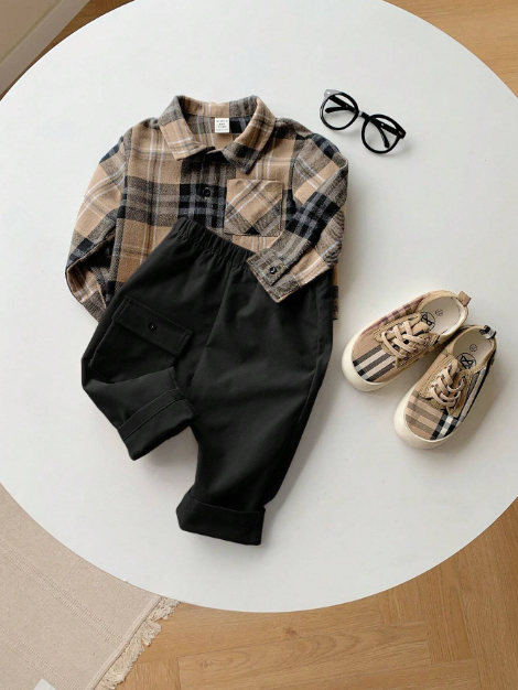 2pcs/Set Toddler Plaid Lapel Long Sleeve Shirt And Casual Pants Outfit , Baby Boy Clothes