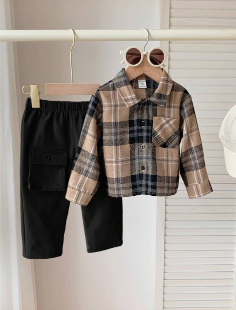 2pcs/Set Toddler Plaid Lapel Long Sleeve Shirt And Casual Pants Outfit , Baby Boy Clothes