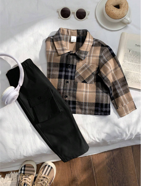 2pcs/Set Toddler Plaid Lapel Long Sleeve Shirt And Casual Pants Outfit , Baby Boy Clothes