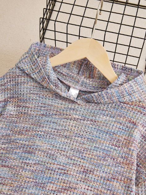 Casual Hooded Drop Shoulder Long Sleeve Rounded Hem Colorful Waffle Knit Set