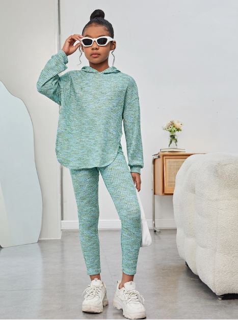 Casual Hooded Drop Shoulder Long Sleeve Rounded Hem Colorful Waffle Knit Set