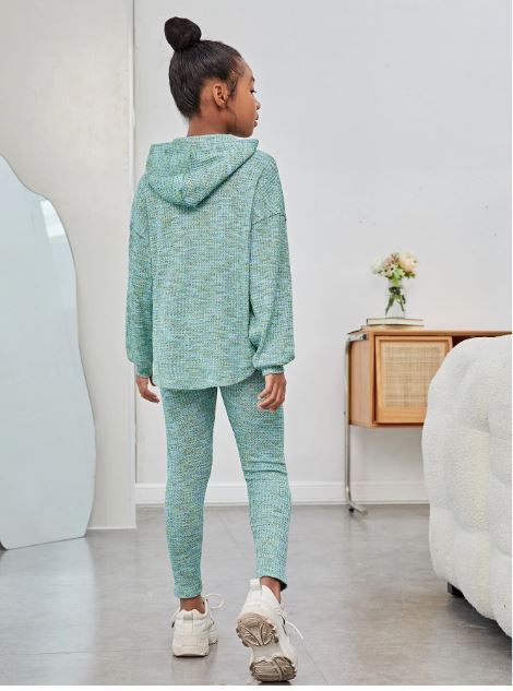 Casual Hooded Drop Shoulder Long Sleeve Rounded Hem Colorful Waffle Knit Set