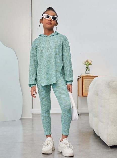 Casual Hooded Drop Shoulder Long Sleeve Rounded Hem Colorful Waffle Knit Set