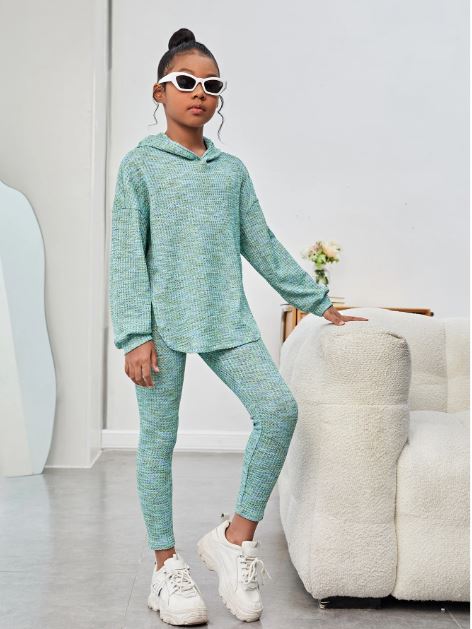 Casual Hooded Drop Shoulder Long Sleeve Rounded Hem Colorful Waffle Knit Set