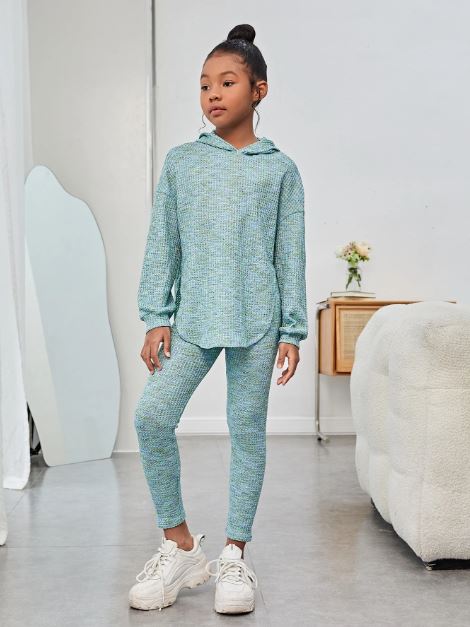 Casual Hooded Drop Shoulder Long Sleeve Rounded Hem Colorful Waffle Knit Set