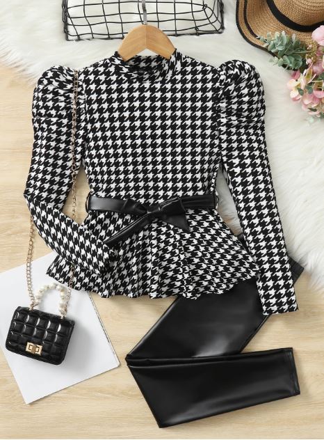 Houndstooth Print Leg-Of-Mutton Sleeve Belted Peplum Tee & PU Pants- Tween Girls